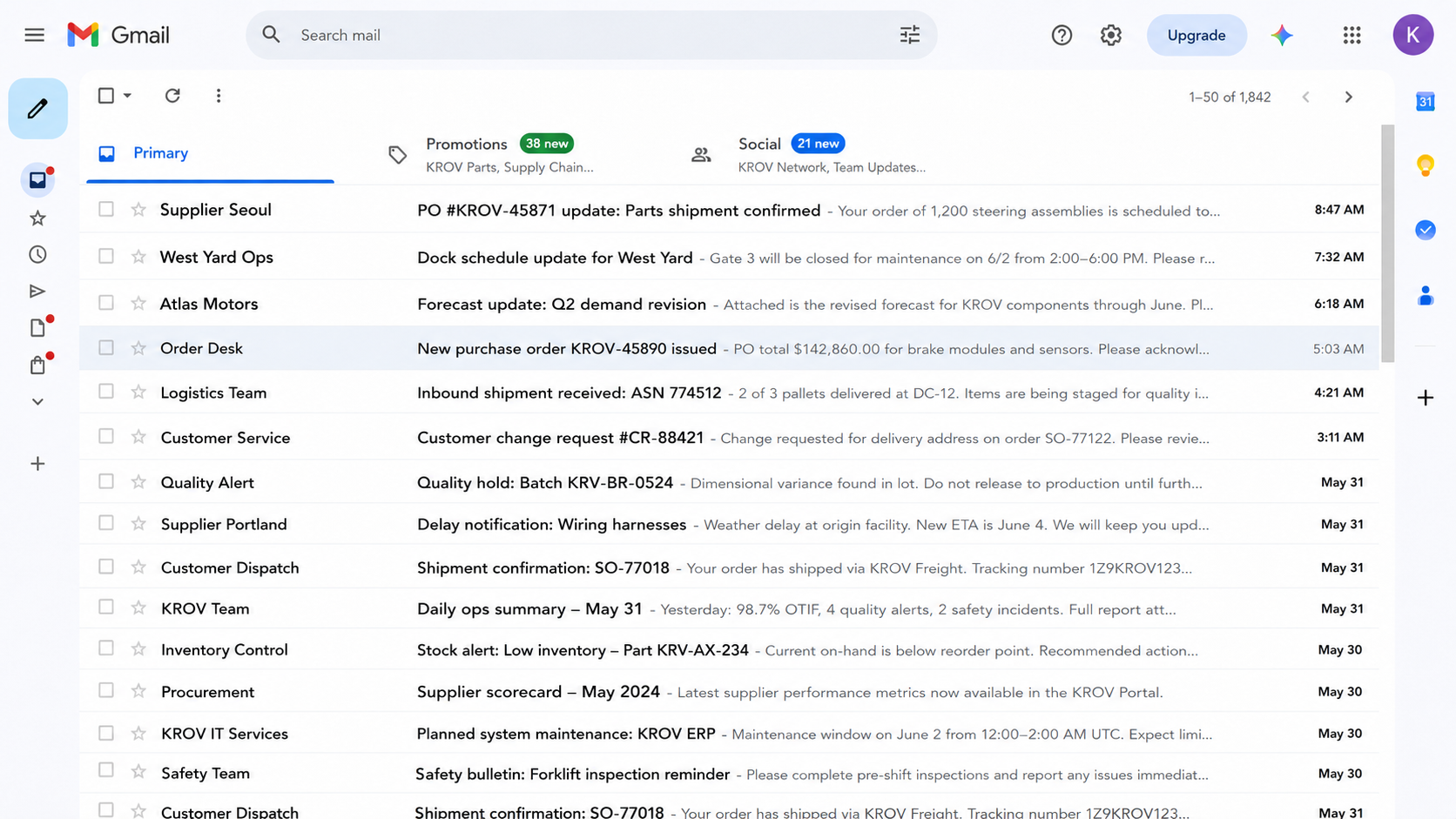 Gmail — KROV supplier and operations inbox