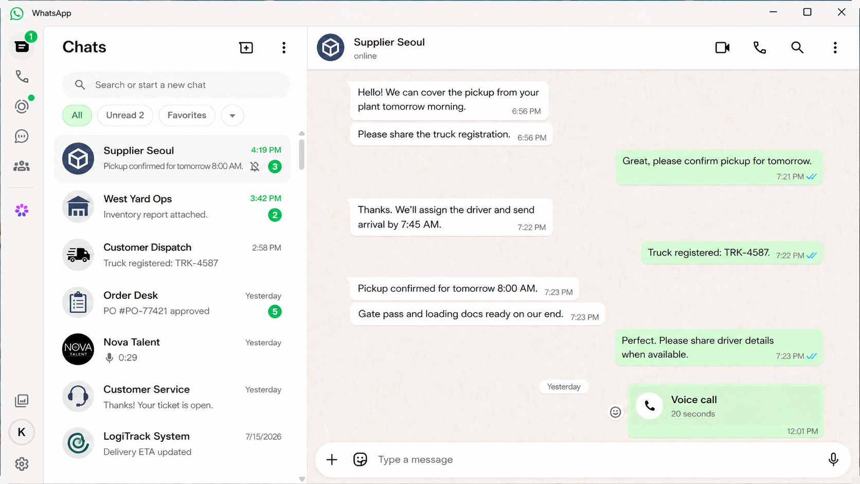 WhatsApp desktop — supplier conversation